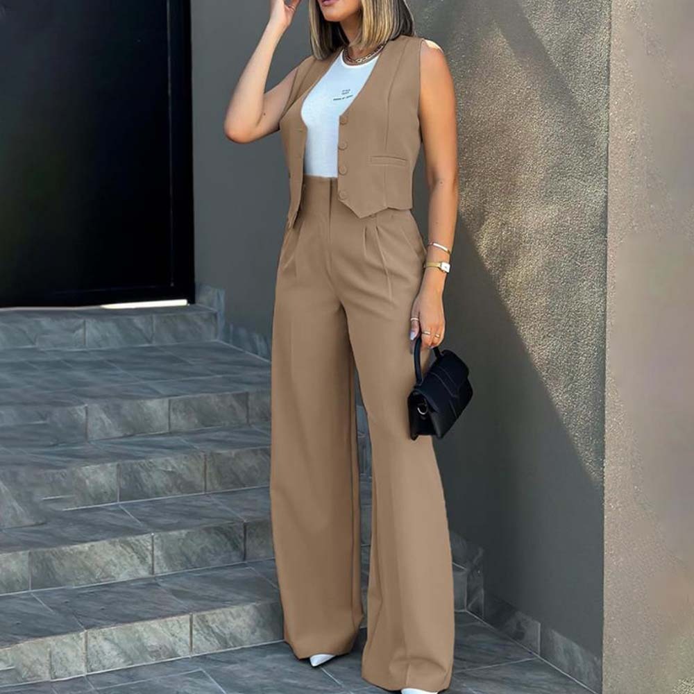Hojanaranja Traje de moda, chaleco, pantalones de pierna ancha, conjunto informal de 2 piezas
