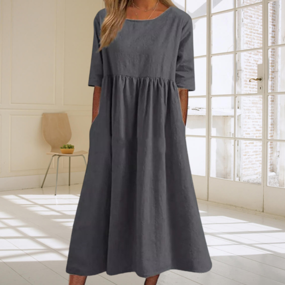 Summer new cotton and linen casual loose round neck dress