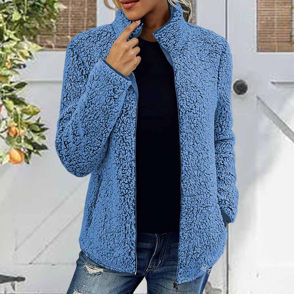 Olivoslindo Nueva chaqueta polar de color liso para mujer con cuello alto, mangas largas y cremallera