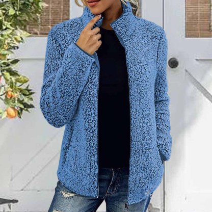 Olivoslindo Nueva chaqueta polar de color liso para mujer con cuello alto, mangas largas y cremallera