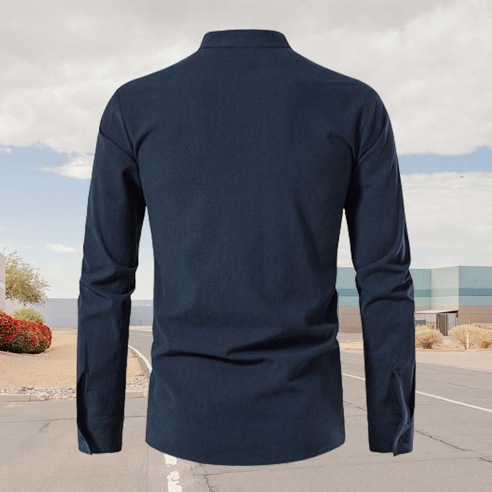 Spring Men's Cotton and Linen Stand Collar Long Sleeve Tie-Up Shirt