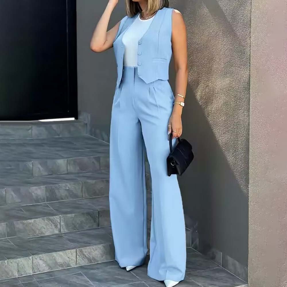 Hojanaranja Traje de moda, chaleco, pantalones de pierna ancha, conjunto informal de 2 piezas