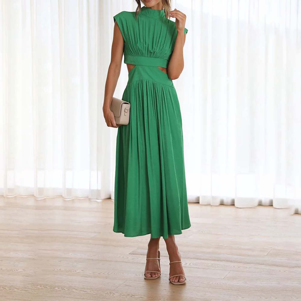 Stylish stand-up collar and exposed waist resort style dress