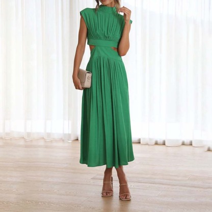 Stylish stand-up collar and exposed waist resort style dress
