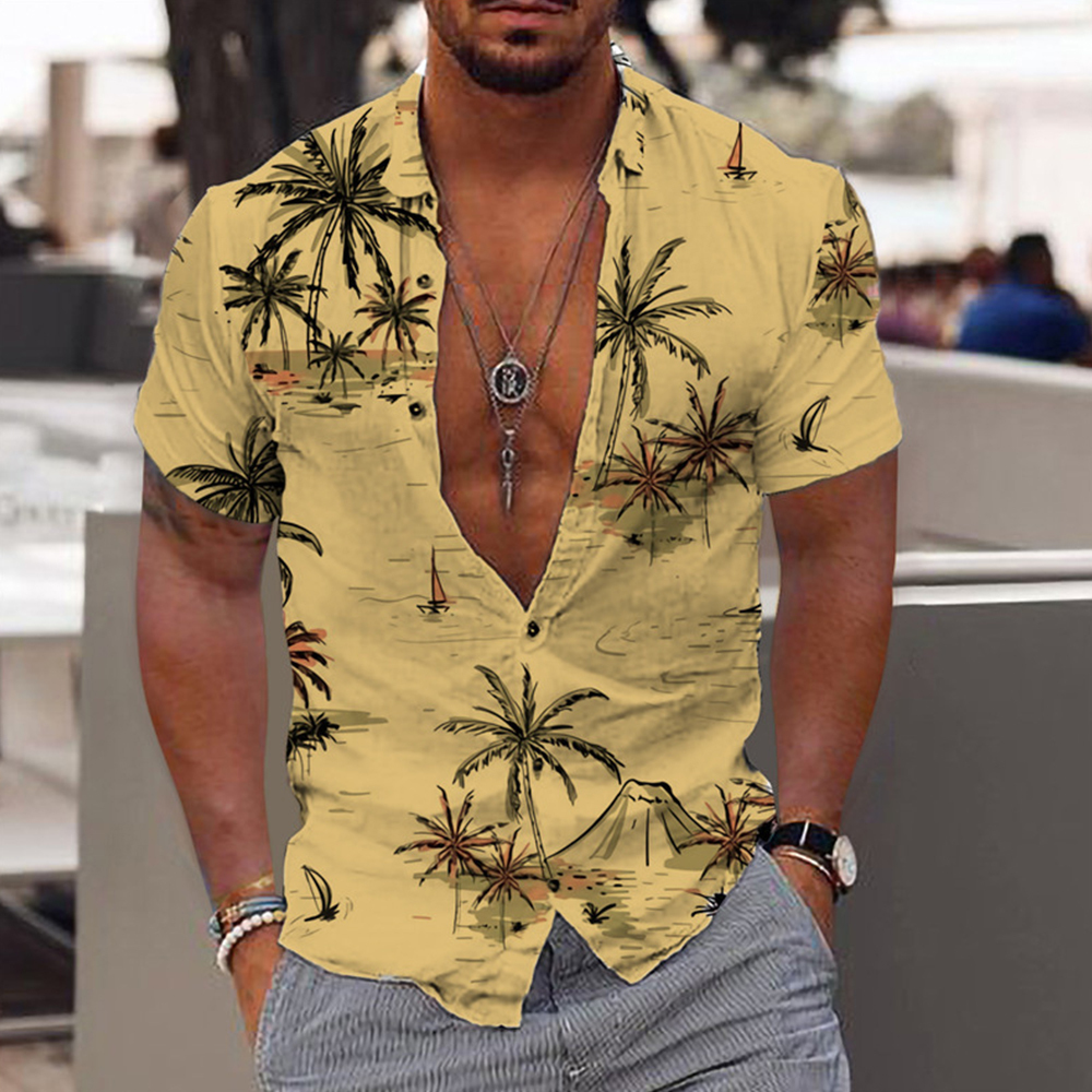 Olivoslindo Camisa de manga corta con estampado de árbol de coco hawaiano para hombre