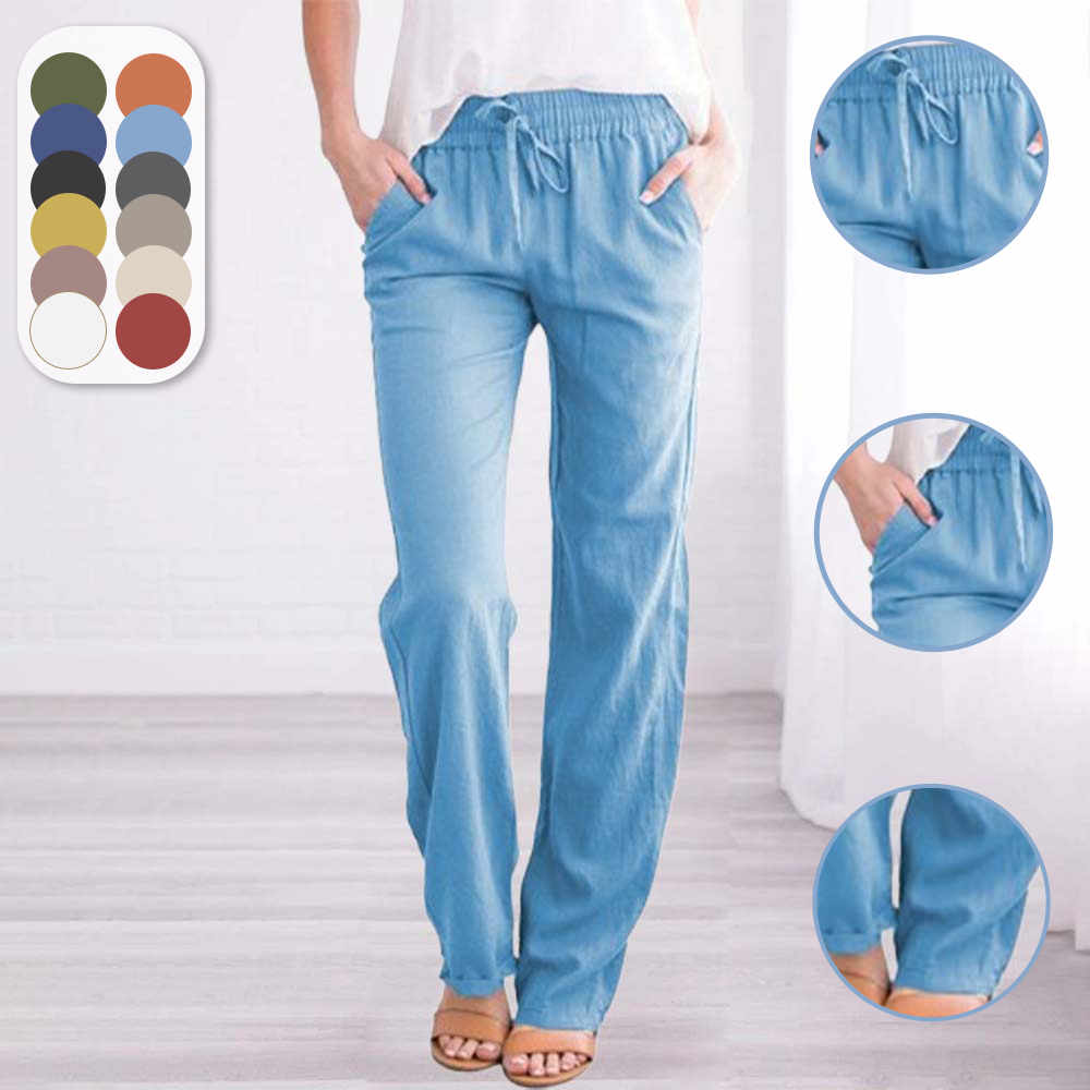 New Ladies Solid Color Cotton Linen Straight Leg Pants