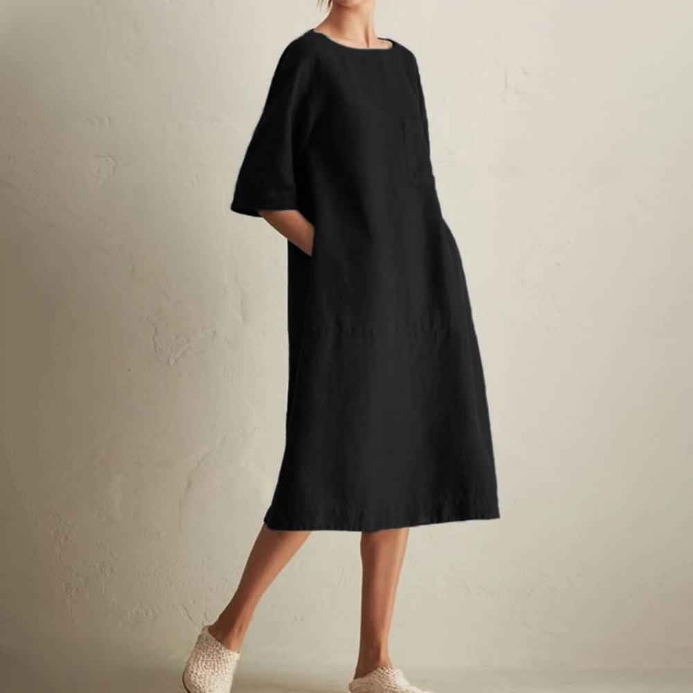 Olivoslindo Vestido casual con bolsillo de lino y algodón de manga larga con cuello redondo