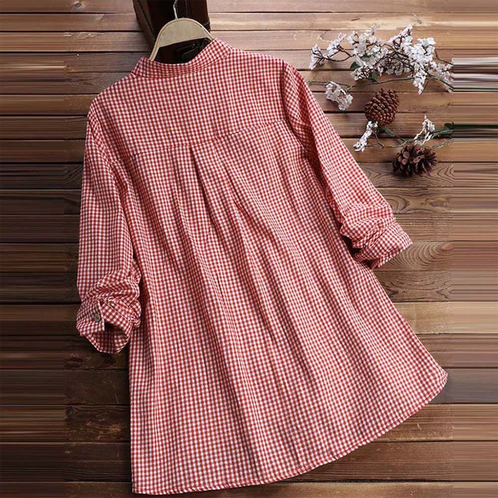 Spring women's fashionable V-neck plaid long-sleeved shirt