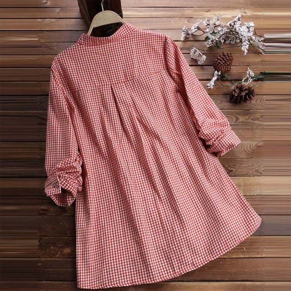 Spring women's fashionable V-neck plaid long-sleeved shirt