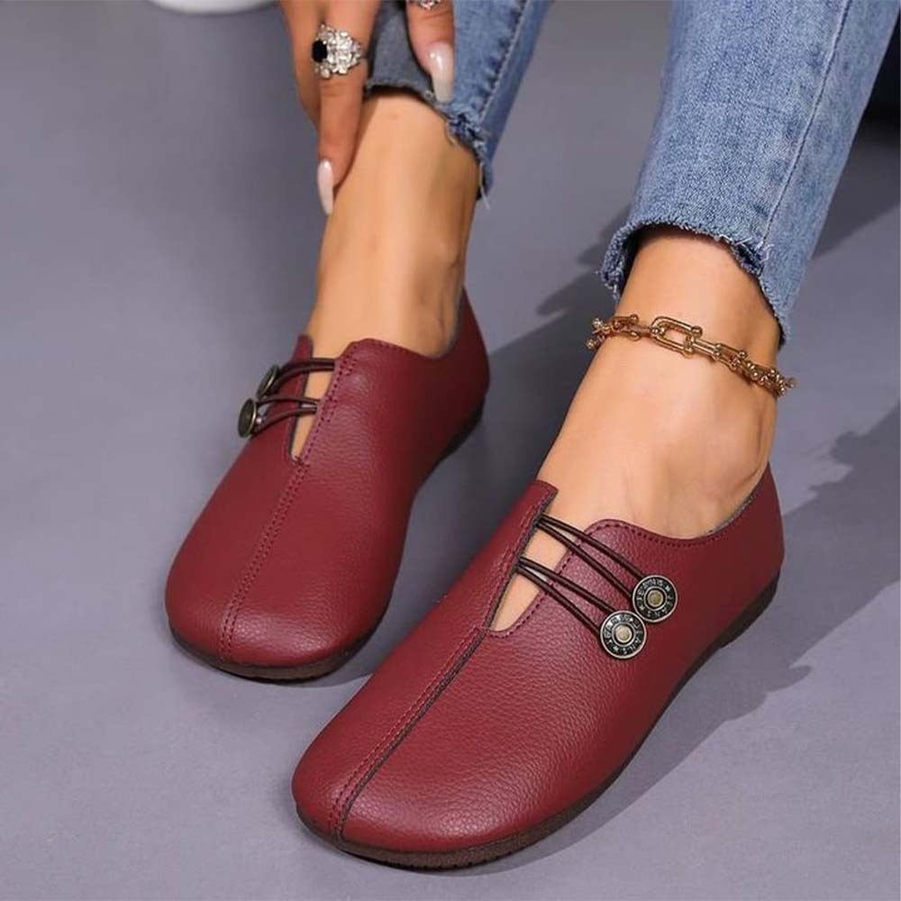Zapatos casuales de dos botones con punta redonda de cuero retro para mujer