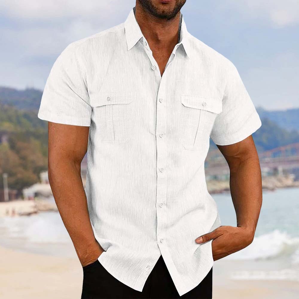 Men's stretch breathable cotton and linen pocket short-sleeved shirt