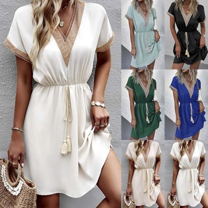 Vestido de cintura con cuello en V de moda de verano para mujer