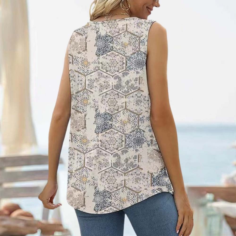 Top sin mangas con cuello cuadrado y estampado para mujer de verano