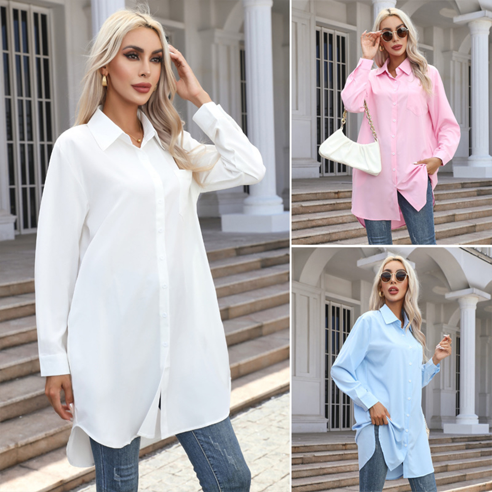 Fashionable long solid color casual long-sleeved shirt for women