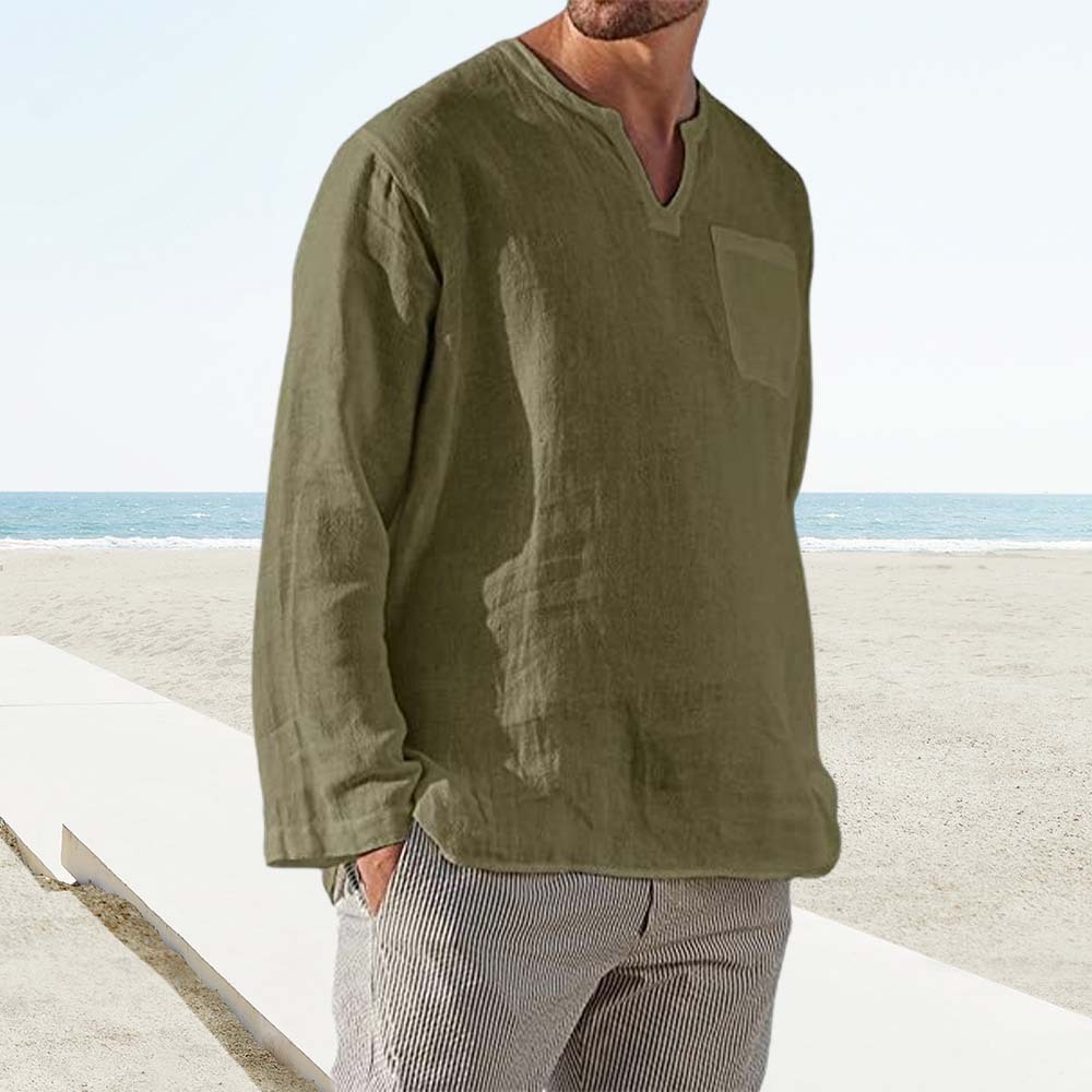 Men's Long Sleeve V Neck Casual Linen Shirt