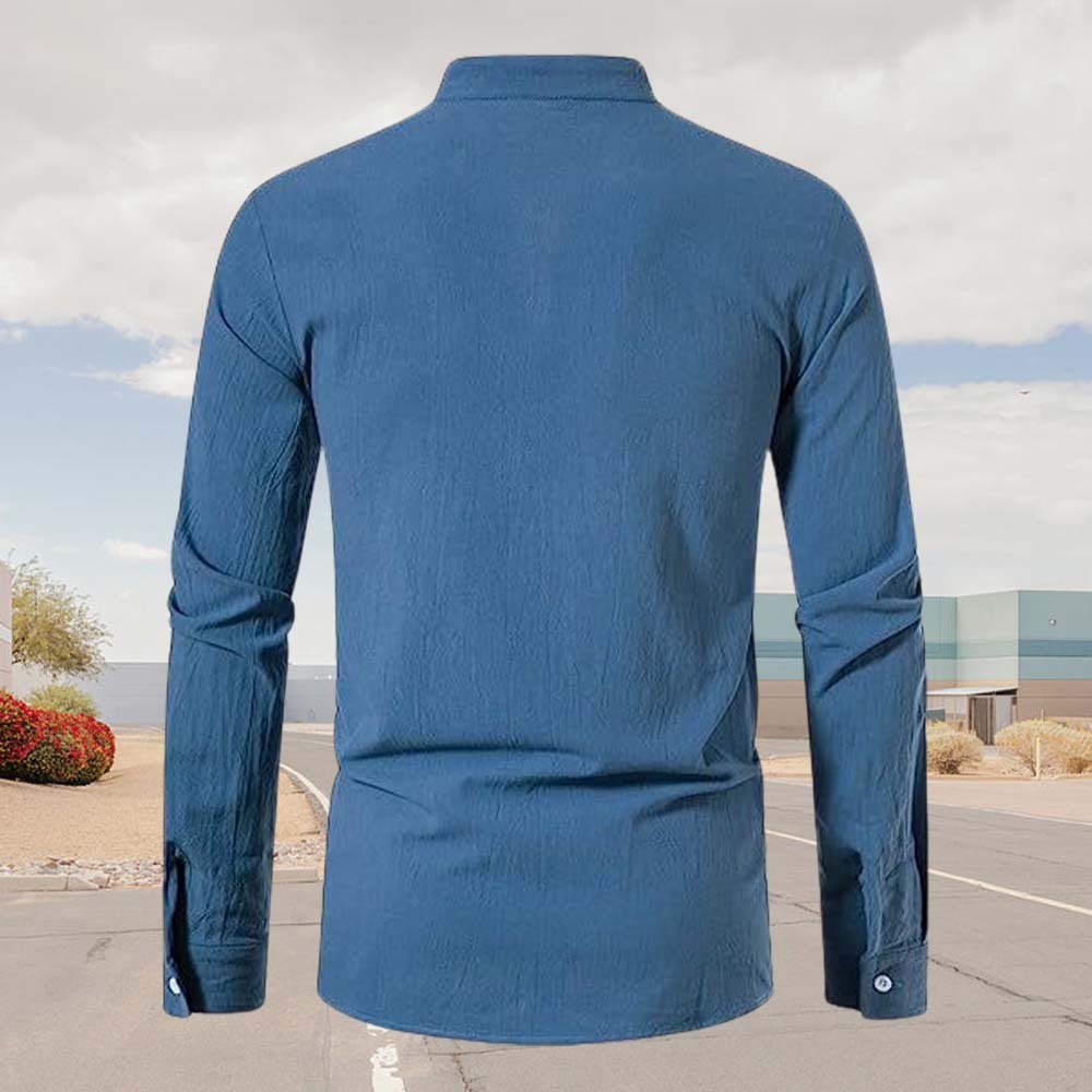 Spring Men's Cotton and Linen Stand Collar Long Sleeve Tie-Up Shirt