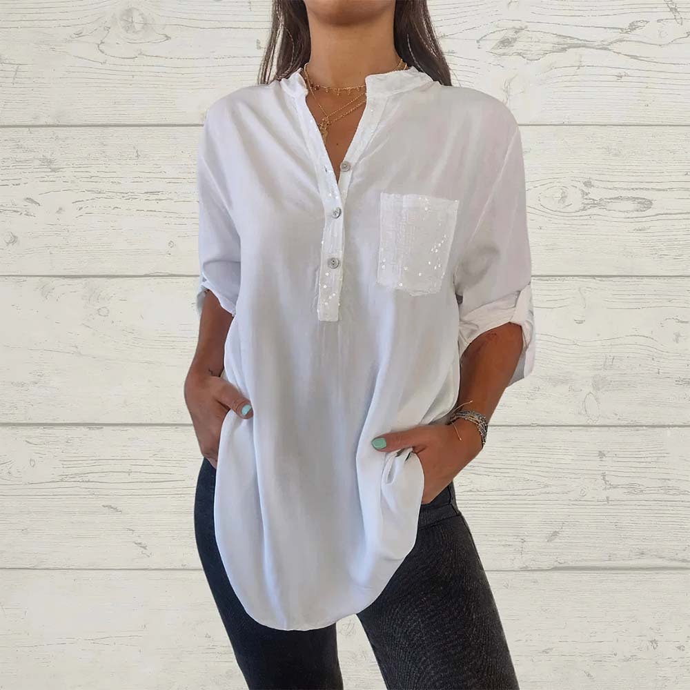 Camisa holgada informal con lentejuelas para mujer, primavera y verano, 2024