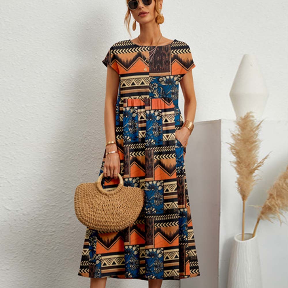 New Loose Cotton Linen Short Sleeve Round Neck Printed Dress