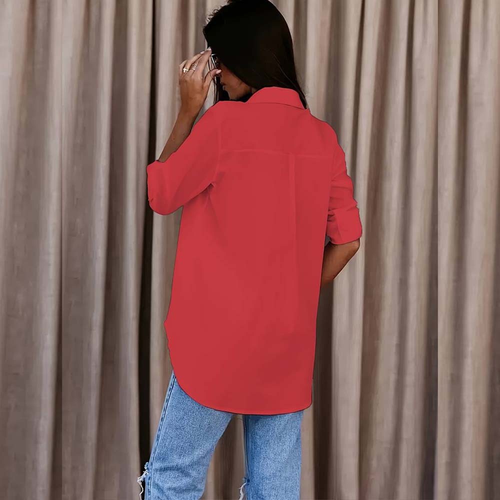 Women's V-Neck Button-Down Long Sleeve Casual Shirt