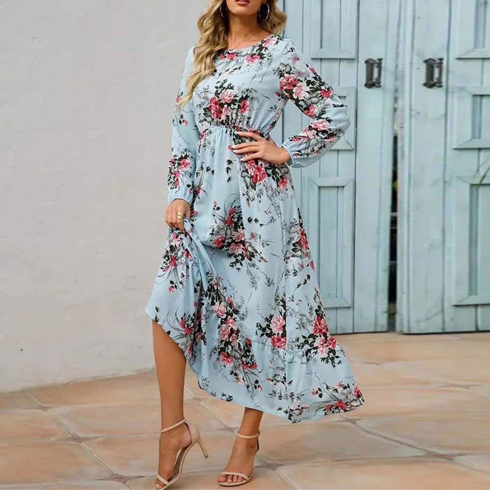 Women's Bohemian Ruffle Print Long Sleeve Dress