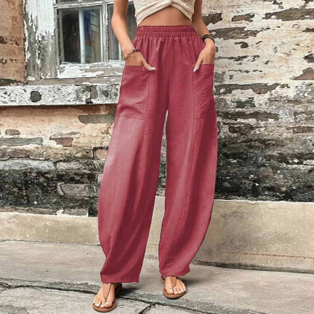 Olivoslindo Pantalones casuales de mujer con bolsillo de color sólido Pantalones elásticos