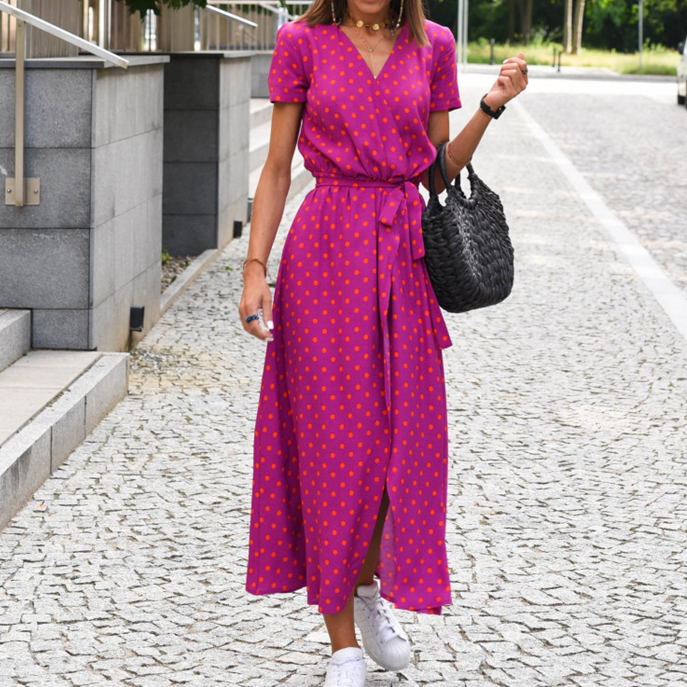 Summer bohemian style tie-front V-neck printed slit dress