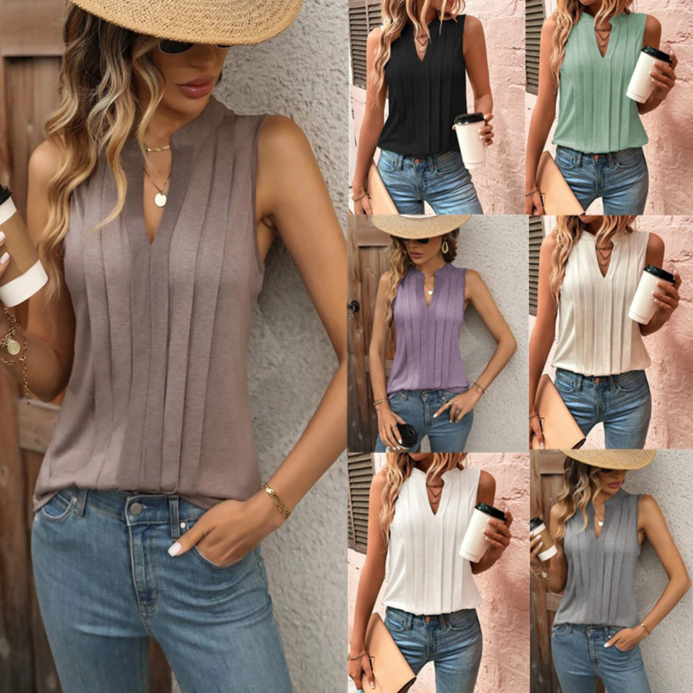 Summer New Fashionable Pleated V-Neck Vest Tops for Women