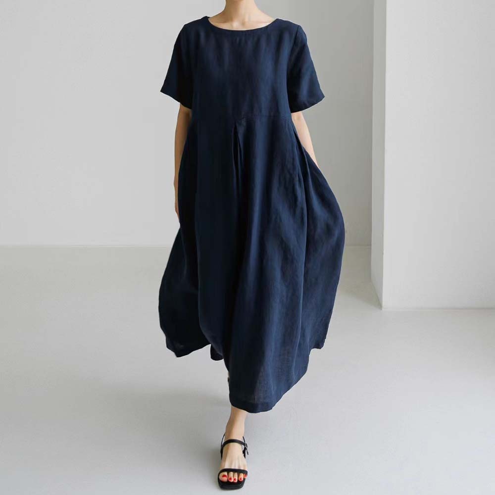 Spring and autumn casual loose round neck cotton and linen dress