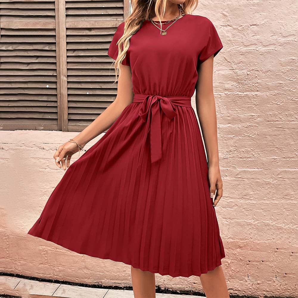Women's Summer Solid Color Pleated Lace-Up Resort Dress