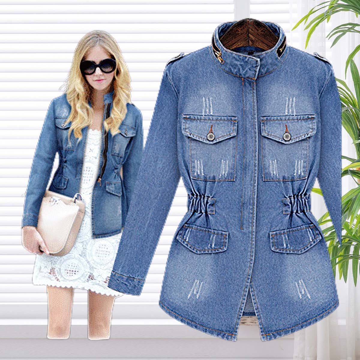 Olivoslindo Chaqueta de mezclilla de cintura delgada para mujer de nueva moda