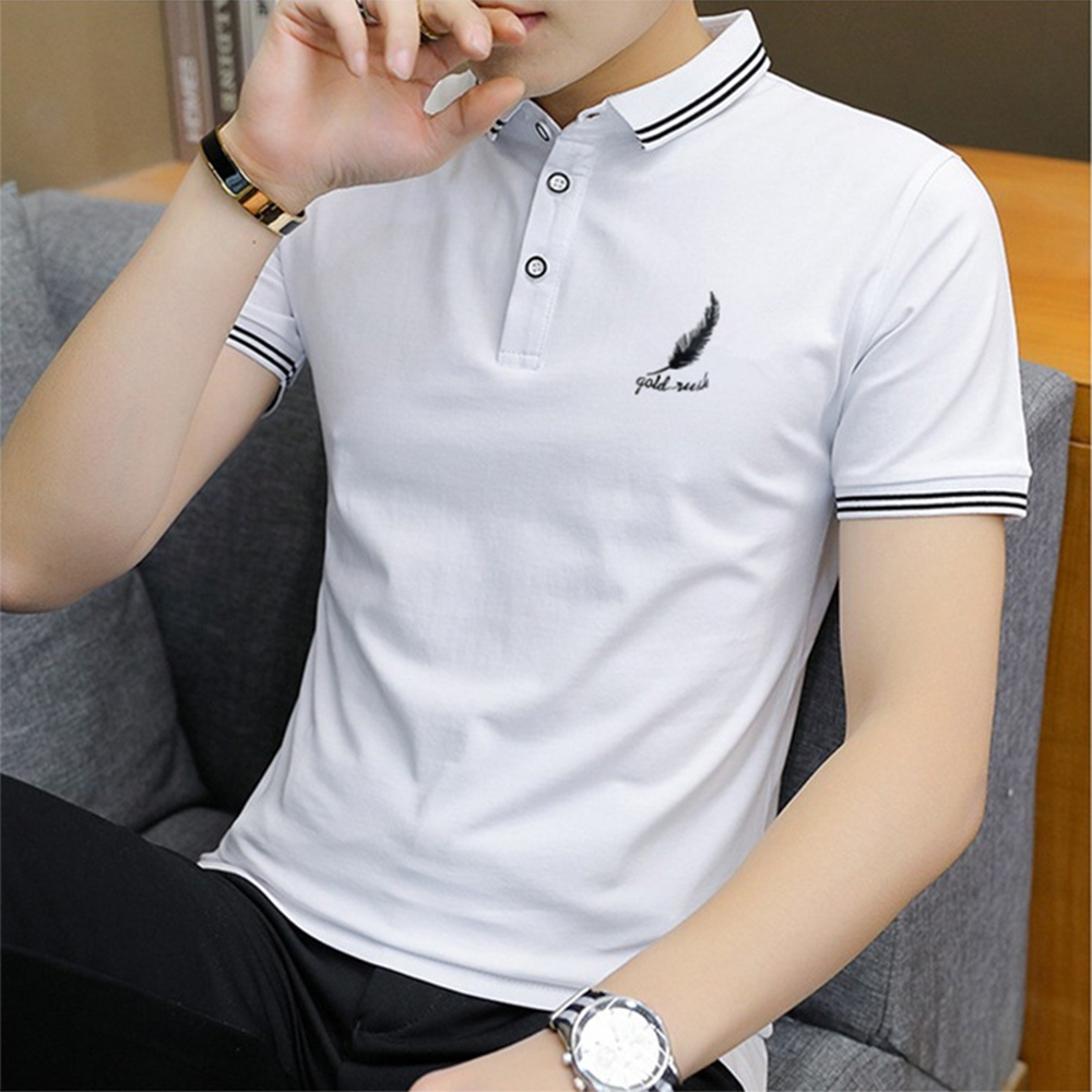 Summer Men's Feather Print Business Short Sleeve Polo Shirt