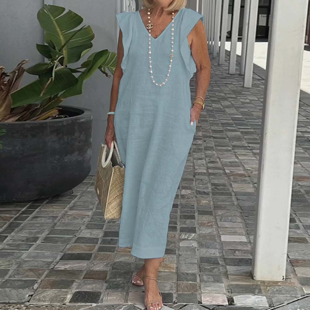 Elegante vestido de algodón y lino con cuello en V y color liso