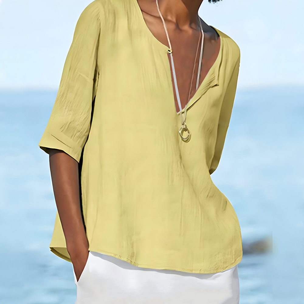 Olivoslindo Camisa de mujer de manga larga de lino y algodón de color liso