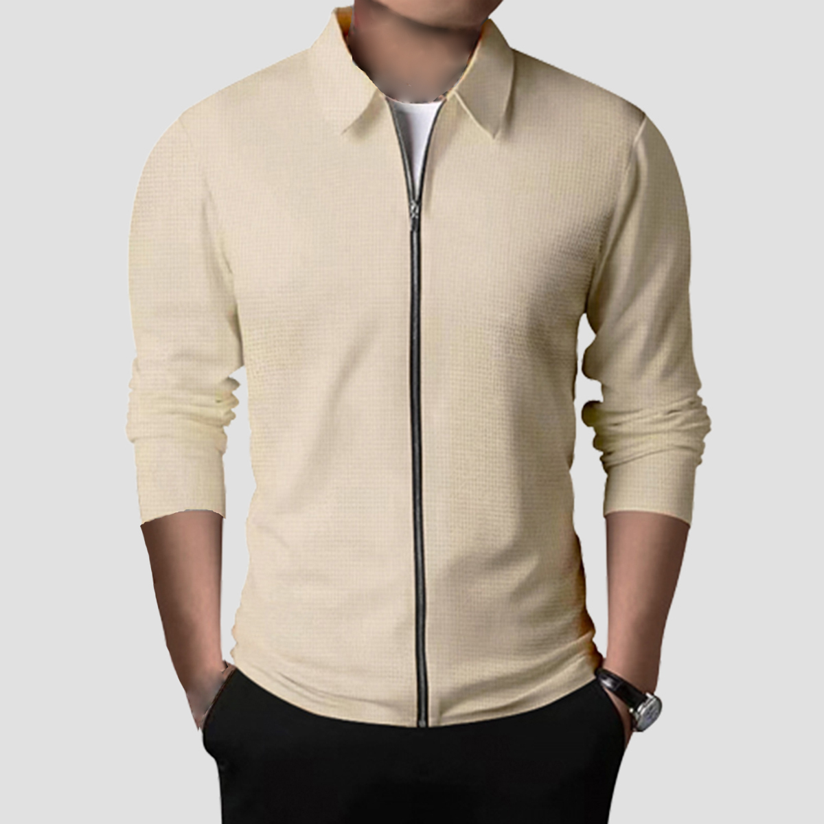 Olivoslindo Nueva chaqueta informal con solapa y cremallera tipo gofre para hombre