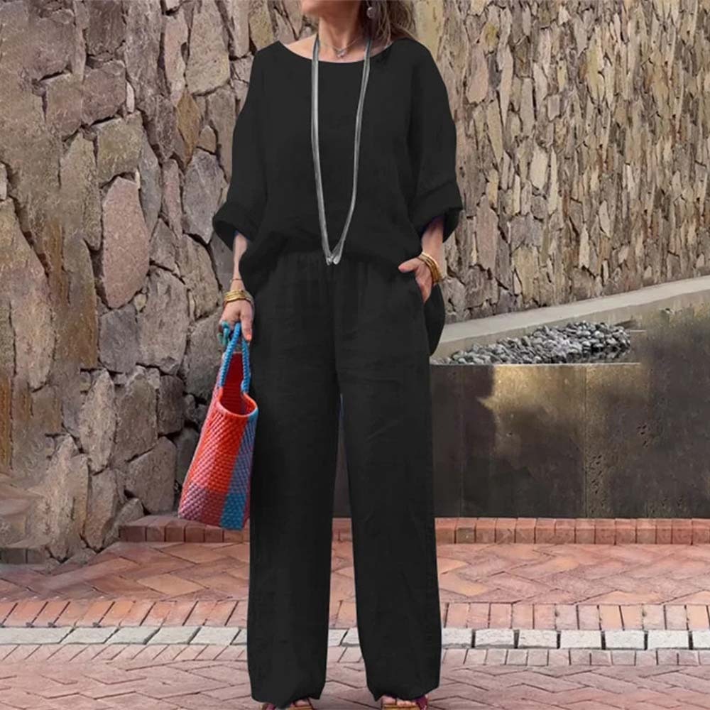 Conjunto de dos piezas degradado de algodón y lino para mujer a la moda