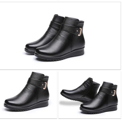 Sparkrhythm Non-slip leather casual shoes with velvet side zipper leather cotton shoes suitable for elderly women