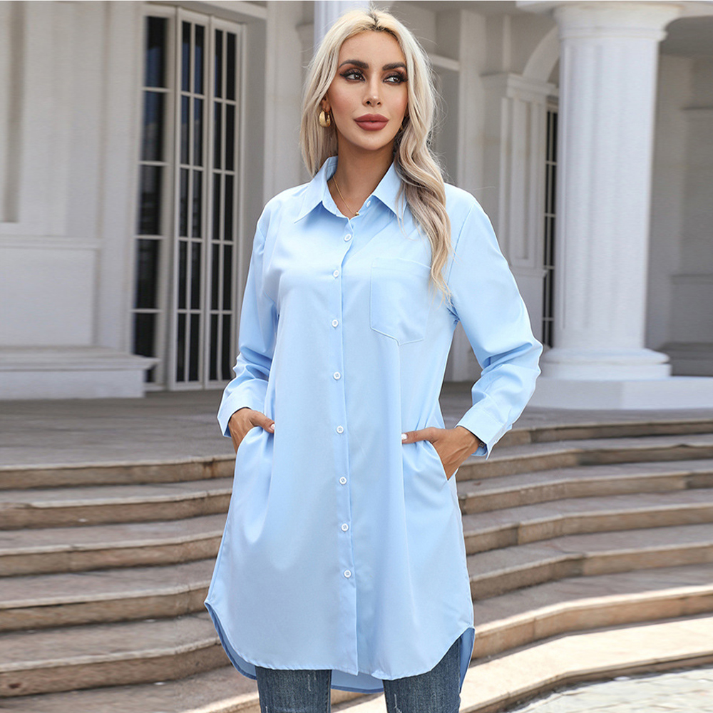 Fashionable long solid color casual long-sleeved shirt for women