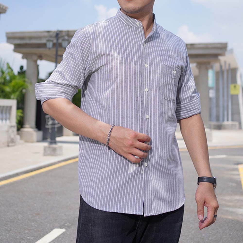 Camisa casual de manga larga a rayas con cuello levantado y talla grande para hombre