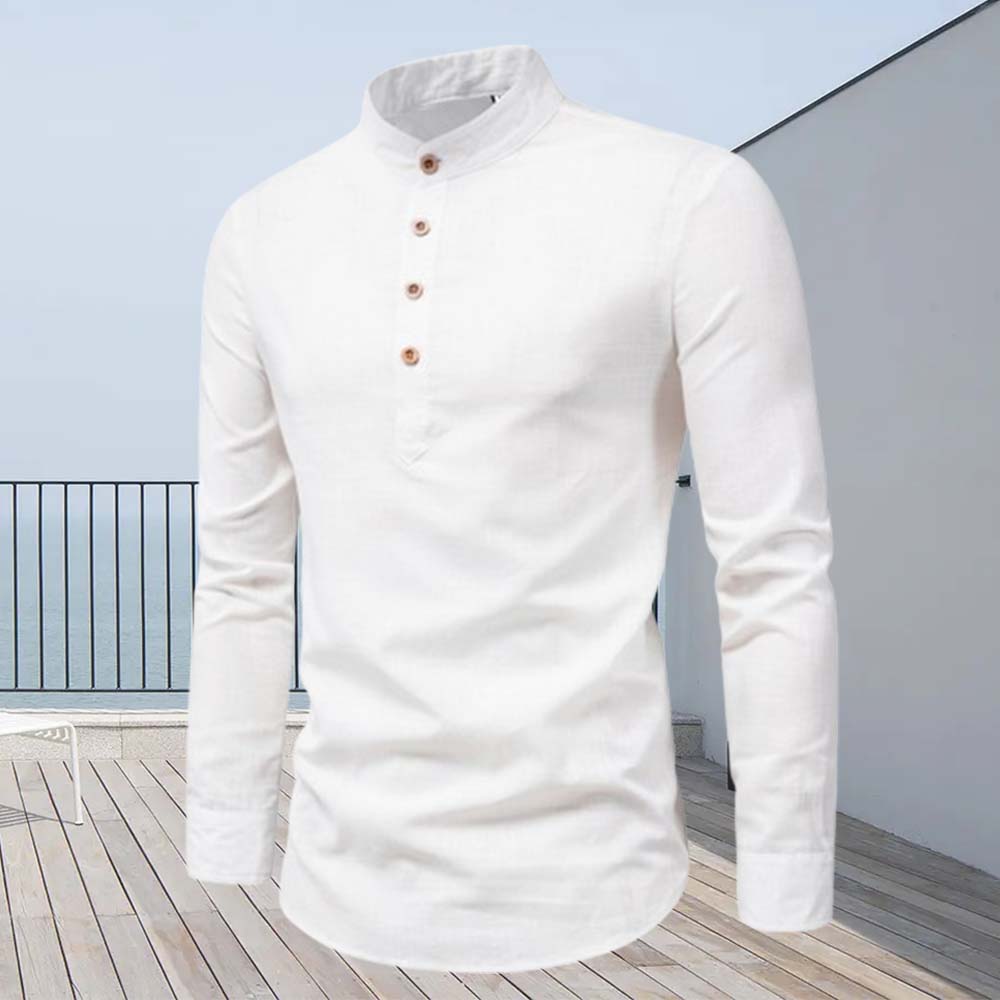 Fashion slim fit cotton and linen half-open collar men's long-sleeved shirt
