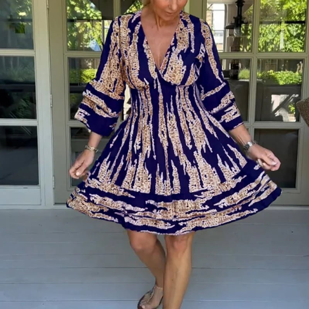 2024 New Year Hot Sale-V Neck Bell Sleeve Printed Dress