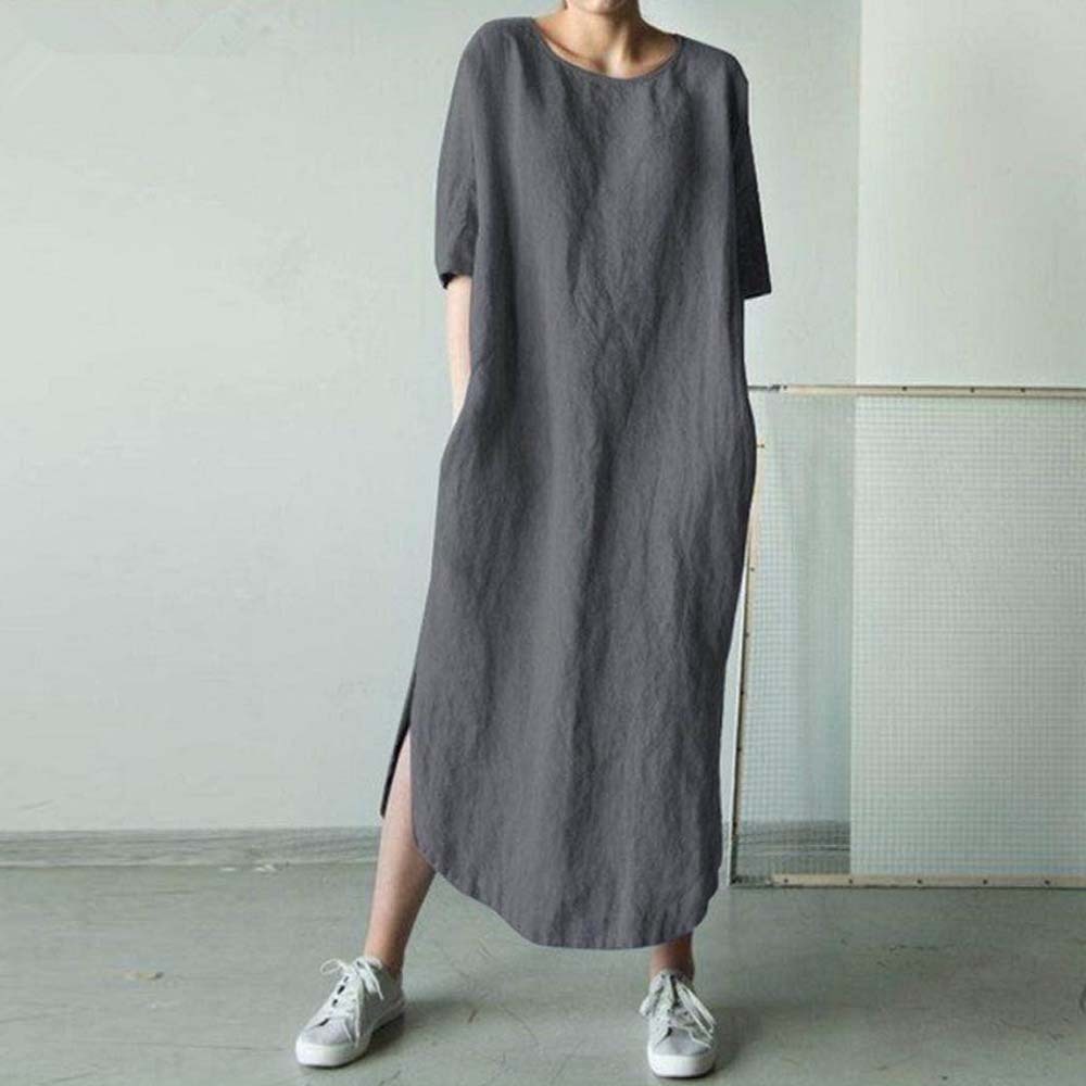 Women's fashionable side slit round neck cotton and linen dress