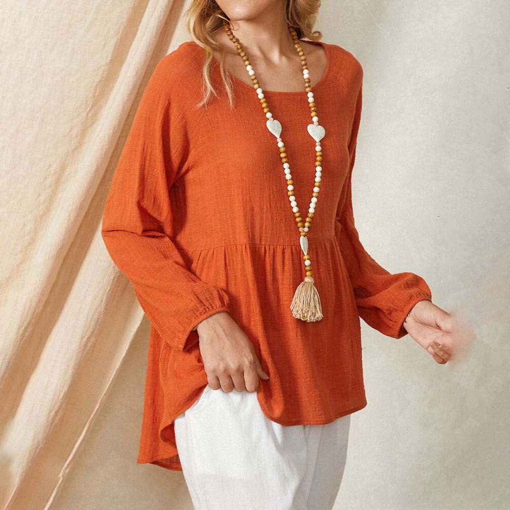 New women's lantern sleeve loose cotton and linen shirt