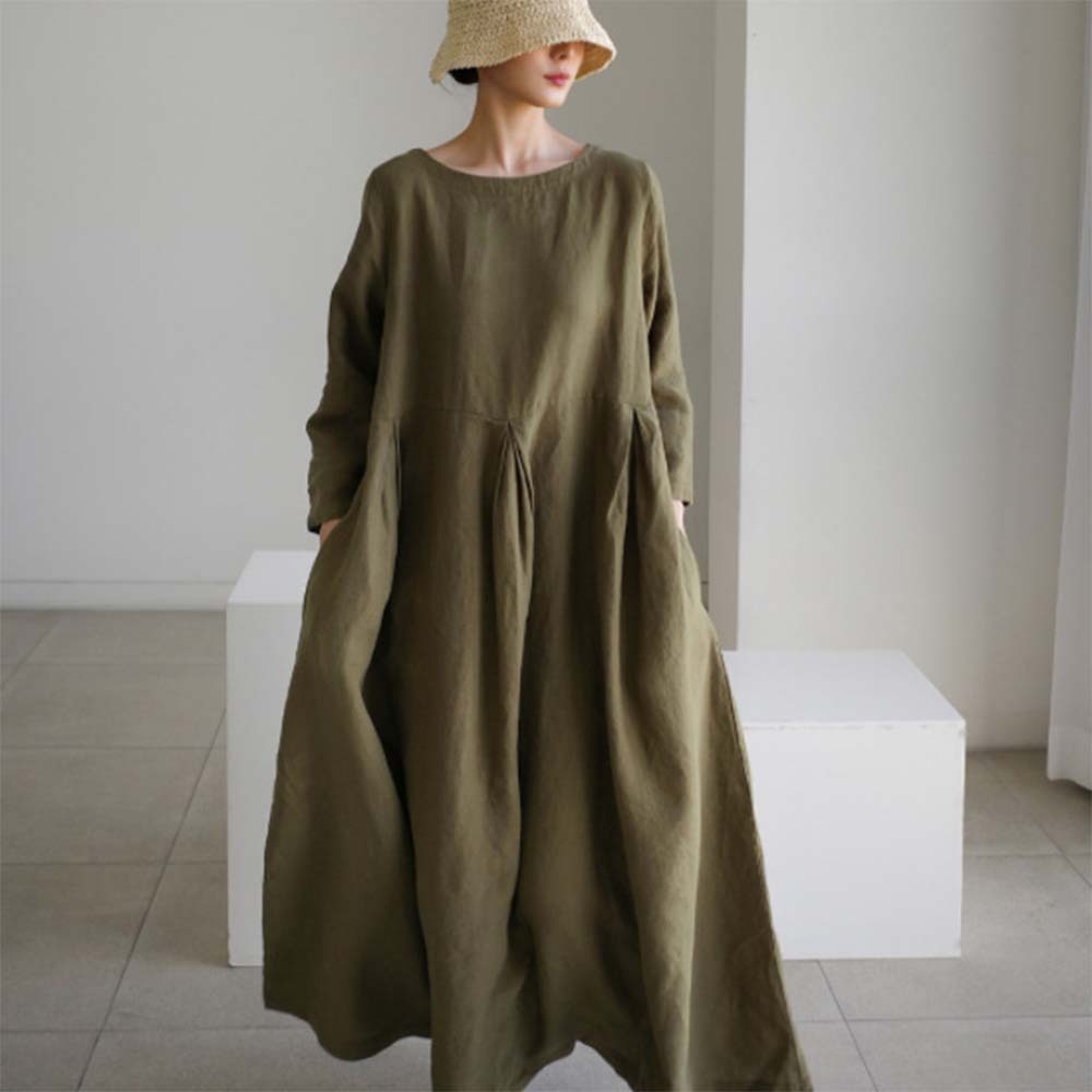 Spring and autumn casual loose round neck cotton and linen dress