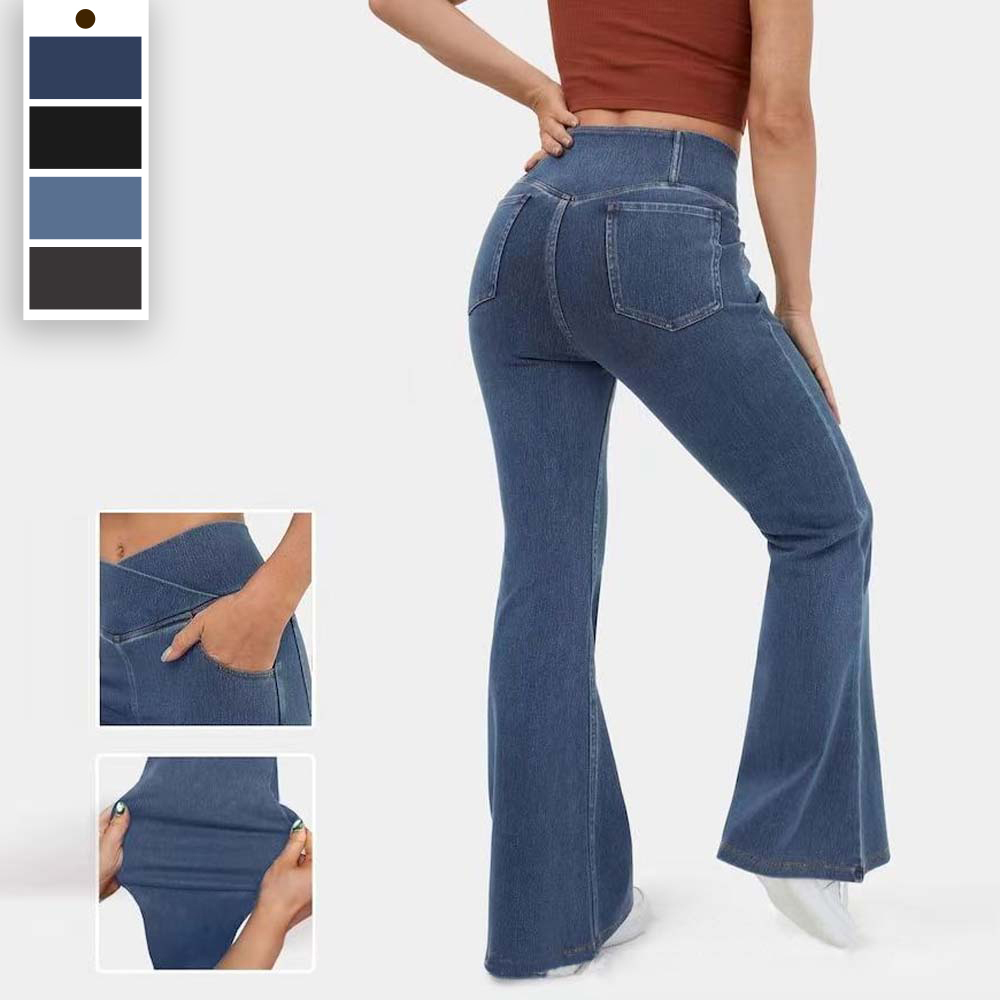 Women's Stretch Denim High Waist Crossover Flare Pants