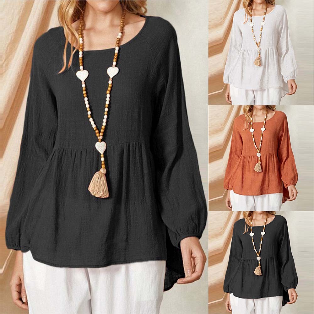 New women's lantern sleeve loose cotton and linen shirt