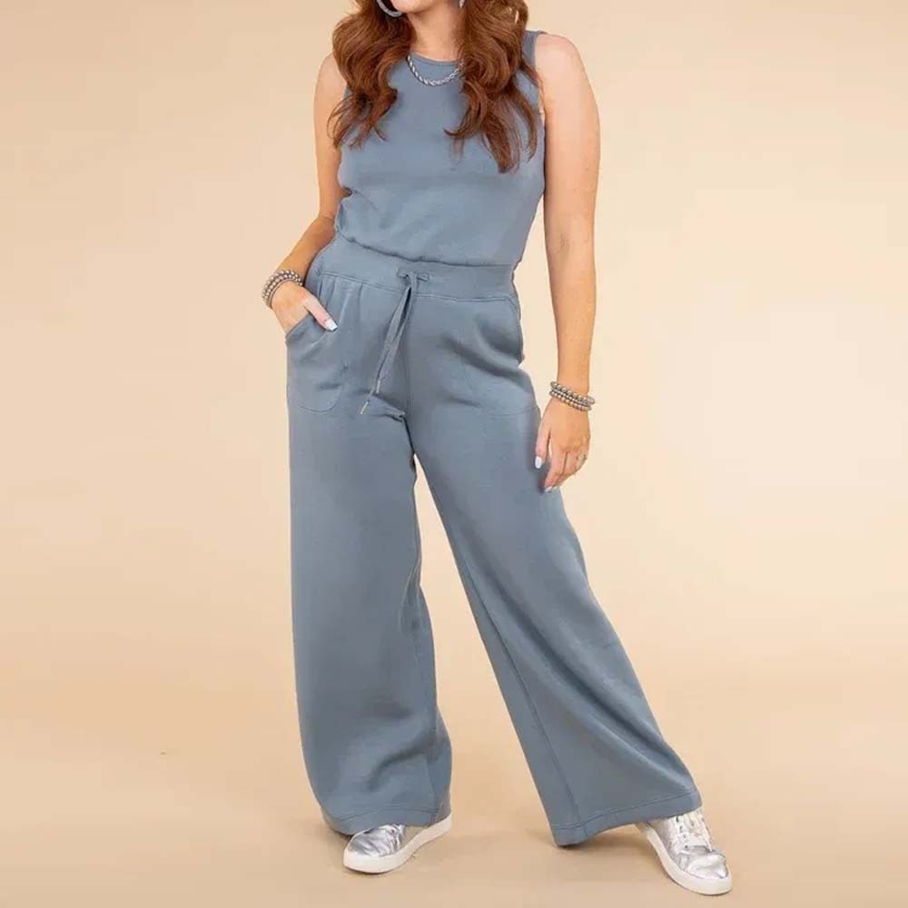 Spring and summer casual lace-up solid color sleeveless jumpsuit