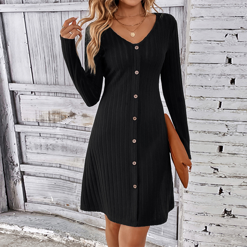 2024 Fashion Button V Neck Long Sleeve Knitted Dress