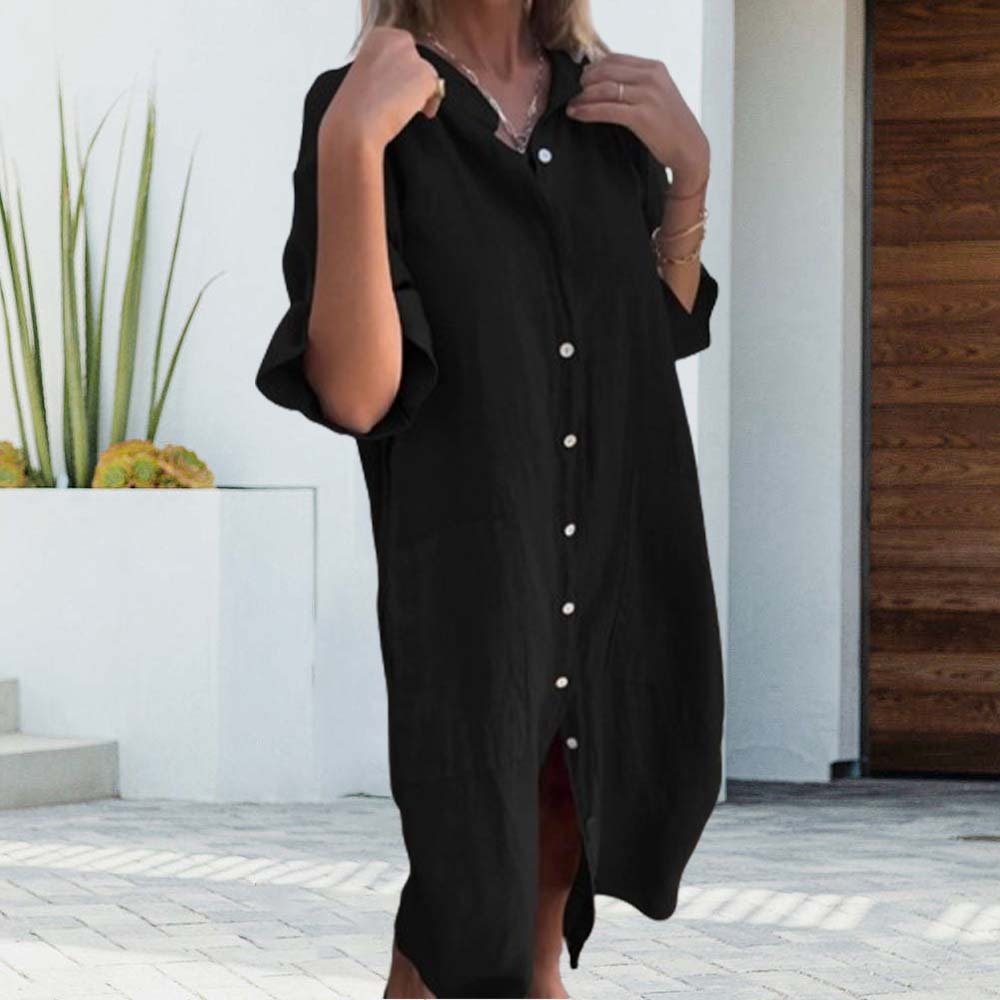 Hojanaranja Vestido camisero elegante y versátil de algodón y lino en color liso