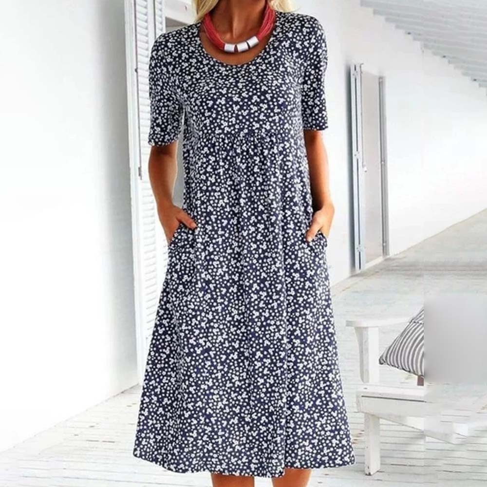 Casual Women Cotton Scoop Neck Floral Dress (8 Colors with Pockets)