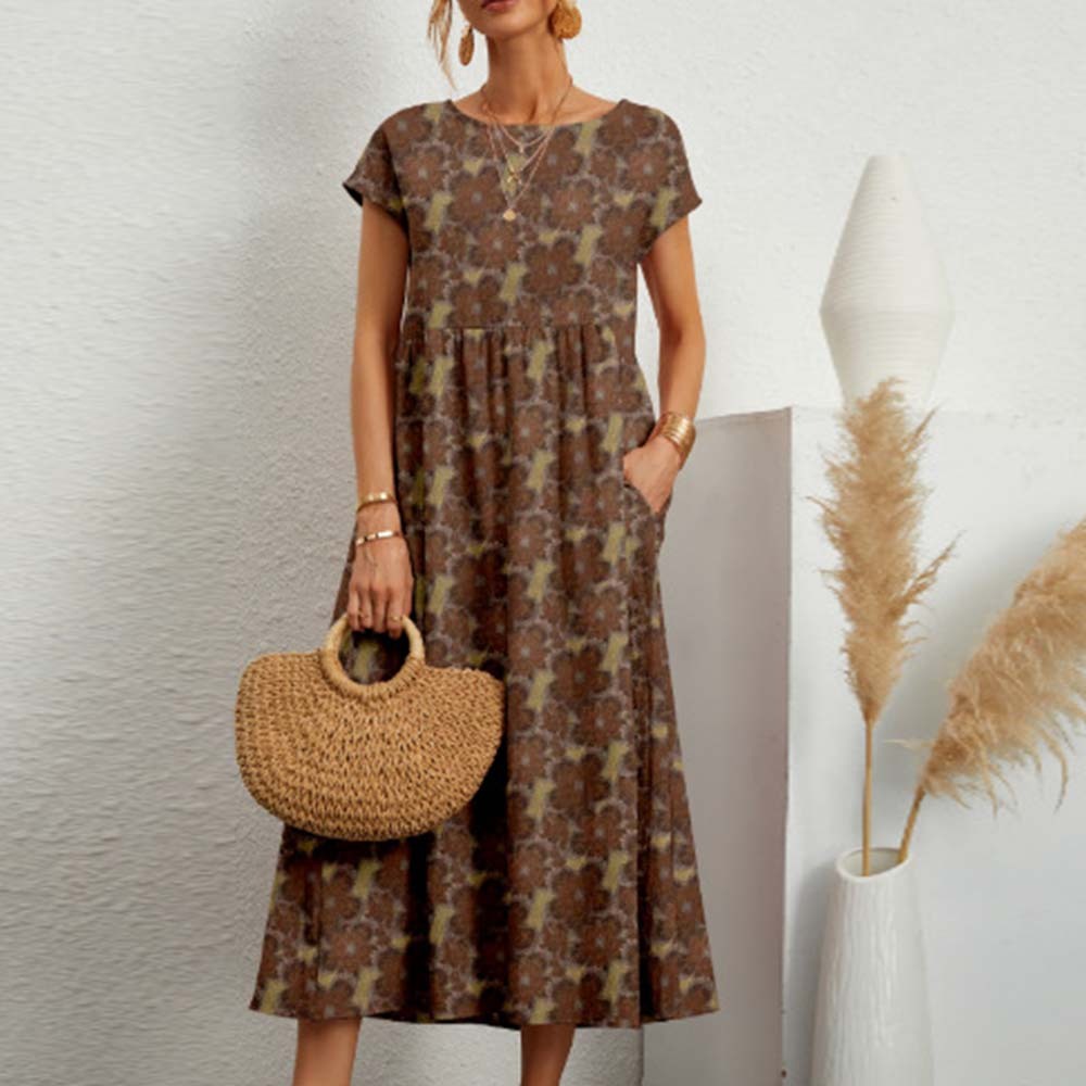 New Loose Cotton Linen Short Sleeve Round Neck Printed Dress